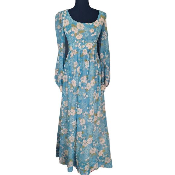 Vintage 70s Aqua Blue Floral Maxi Hostess Dress Chiffon size Small Hawaiian - Picture 1 of 12